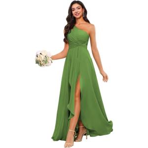 imageChiffon One Shoulder Bridesmaid Dress with Pleated Bodice Long Ruffles A Line Formal Dress for Women with SlitOlive Green