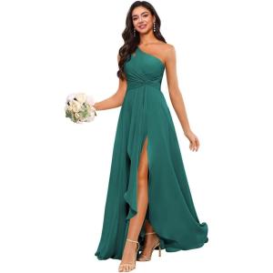 imageChiffon One Shoulder Bridesmaid Dress with Pleated Bodice Long Ruffles A Line Formal Dress for Women with SlitPeacock