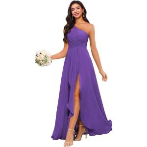 imageChiffon One Shoulder Bridesmaid Dress with Pleated Bodice Long Ruffles A Line Formal Dress for Women with SlitPurple