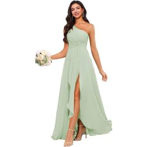 imageChiffon One Shoulder Bridesmaid Dress with Pleated Bodice Long Ruffles A Line Formal Dress for Women with SlitSage