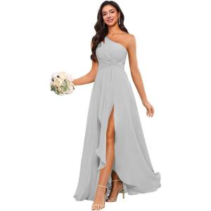 imageChiffon One Shoulder Bridesmaid Dress with Pleated Bodice Long Ruffles A Line Formal Dress for Women with SlitSilver