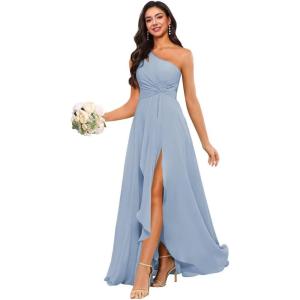 imageChiffon One Shoulder Bridesmaid Dress with Pleated Bodice Long Ruffles A Line Formal Dress for Women with SlitSteel Blue