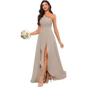 imageChiffon One Shoulder Bridesmaid Dress with Pleated Bodice Long Ruffles A Line Formal Dress for Women with SlitTaupe