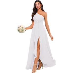 imageChiffon One Shoulder Bridesmaid Dress with Pleated Bodice Long Ruffles A Line Formal Dress for Women with SlitWhite