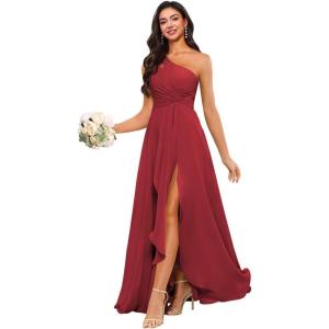 imageChiffon One Shoulder Bridesmaid Dress with Pleated Bodice Long Ruffles A Line Formal Dress for Women with SlitWine Red
