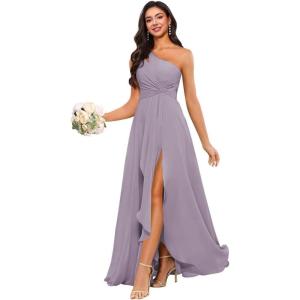 imageChiffon One Shoulder Bridesmaid Dress with Pleated Bodice Long Ruffles A Line Formal Dress for Women with SlitWisteria