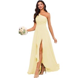 imageChiffon One Shoulder Bridesmaid Dress with Pleated Bodice Long Ruffles A Line Formal Dress for Women with SlitYellow