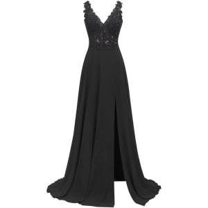 imageLace Appliques Chiffon Bridesmaid Dresses 2025 Long Beaded Prom Dress A Line Formal Party Evening Gowns with Slit for WomenBlack