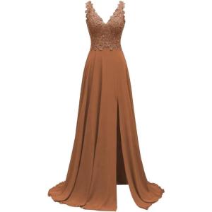 imageLace Appliques Chiffon Bridesmaid Dresses 2025 Long Beaded Prom Dress A Line Formal Party Evening Gowns with Slit for WomenBurnt Orange