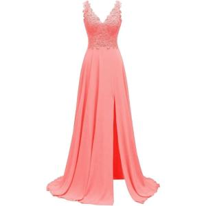 imageLace Appliques Chiffon Bridesmaid Dresses 2025 Long Beaded Prom Dress A Line Formal Party Evening Gowns with Slit for WomenCoral