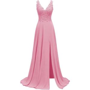 imageLace Appliques Chiffon Bridesmaid Dresses 2025 Long Beaded Prom Dress A Line Formal Party Evening Gowns with Slit for WomenDark Pink