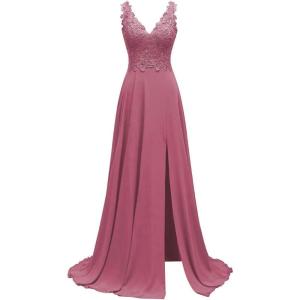 imageLace Appliques Chiffon Bridesmaid Dresses 2025 Long Beaded Prom Dress A Line Formal Party Evening Gowns with Slit for WomenDesert Rose
