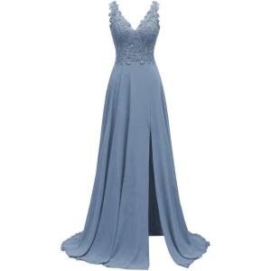 imageLace Appliques Chiffon Bridesmaid Dresses 2025 Long Beaded Prom Dress A Line Formal Party Evening Gowns with Slit for WomenDusty Blue