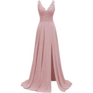 imageLace Appliques Chiffon Bridesmaid Dresses 2025 Long Beaded Prom Dress A Line Formal Party Evening Gowns with Slit for WomenDusty Pink