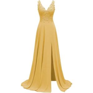 imageLace Appliques Chiffon Bridesmaid Dresses 2025 Long Beaded Prom Dress A Line Formal Party Evening Gowns with Slit for WomenGold