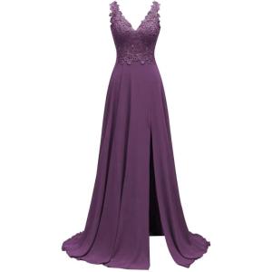 imageLace Appliques Chiffon Bridesmaid Dresses 2025 Long Beaded Prom Dress A Line Formal Party Evening Gowns with Slit for WomenGrape