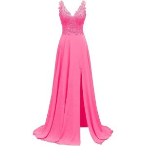 imageLace Appliques Chiffon Bridesmaid Dresses 2025 Long Beaded Prom Dress A Line Formal Party Evening Gowns with Slit for WomenHot Pink