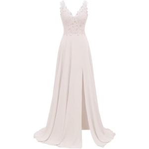 imageLace Appliques Chiffon Bridesmaid Dresses 2025 Long Beaded Prom Dress A Line Formal Party Evening Gowns with Slit for WomenIvory
