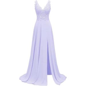 imageLace Appliques Chiffon Bridesmaid Dresses 2025 Long Beaded Prom Dress A Line Formal Party Evening Gowns with Slit for WomenLavender