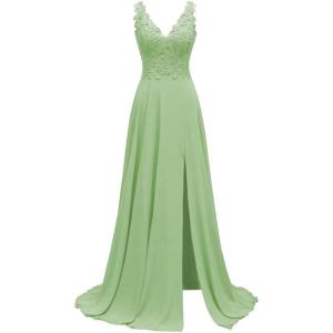 imageLace Appliques Chiffon Bridesmaid Dresses 2025 Long Beaded Prom Dress A Line Formal Party Evening Gowns with Slit for WomenMint