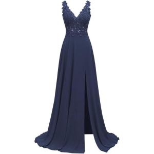 imageLace Appliques Chiffon Bridesmaid Dresses 2025 Long Beaded Prom Dress A Line Formal Party Evening Gowns with Slit for WomenNavy Blue