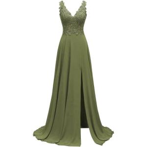 imageLace Appliques Chiffon Bridesmaid Dresses 2025 Long Beaded Prom Dress A Line Formal Party Evening Gowns with Slit for WomenOlive