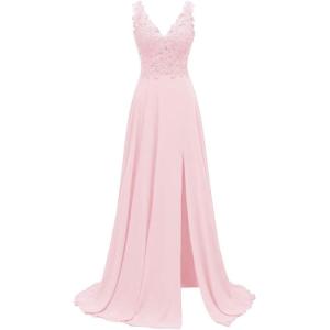 imageLace Appliques Chiffon Bridesmaid Dresses 2025 Long Beaded Prom Dress A Line Formal Party Evening Gowns with Slit for WomenPink