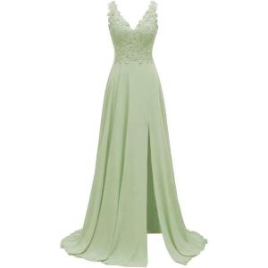 imageLace Appliques Chiffon Bridesmaid Dresses 2025 Long Beaded Prom Dress A Line Formal Party Evening Gowns with Slit for WomenSage