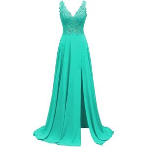 imageLace Appliques Chiffon Bridesmaid Dresses 2025 Long Beaded Prom Dress A Line Formal Party Evening Gowns with Slit for WomenTurquoise