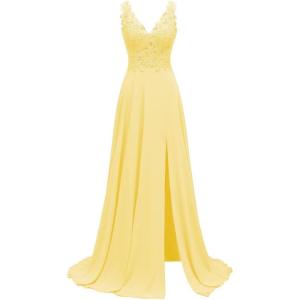 imageLace Appliques Chiffon Bridesmaid Dresses 2025 Long Beaded Prom Dress A Line Formal Party Evening Gowns with Slit for WomenYellow