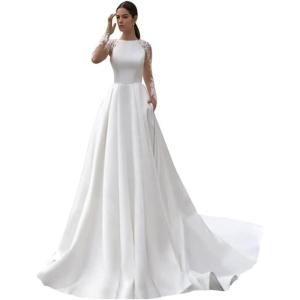 imageLong Sleeve Lace Wedding Dresses for Bride Satin Ball Gowns Simple V Neck Bridal Gowns for WomenCivory