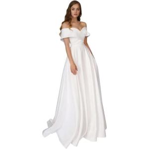 imageLong Sleeve Lace Wedding Dresses for Bride Satin Ball Gowns Simple V Neck Bridal Gowns for WomenDwhite