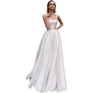 imageLong Sleeve Lace Wedding Dresses for Bride Satin Ball Gowns Simple V Neck Bridal Gowns for WomenFivory