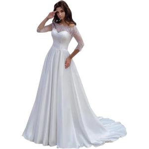 imageLong Sleeve Lace Wedding Dresses for Bride Satin Ball Gowns Simple V Neck Bridal Gowns for WomenHivory