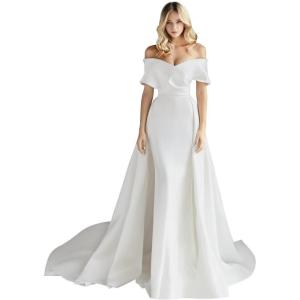 imageLong Sleeve Lace Wedding Dresses for Bride Satin Ball Gowns Simple V Neck Bridal Gowns for WomenJwhite