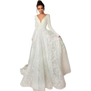 imageLong Sleeve Lace Wedding Dresses for Bride Satin Ball Gowns Simple V Neck Bridal Gowns for WomenKwhite