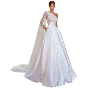 imageLong Sleeve Lace Wedding Dresses for Bride Satin Ball Gowns Simple V Neck Bridal Gowns for WomenLwhite