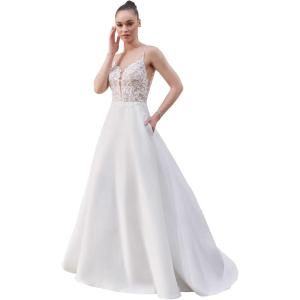 imageLong Sleeve Lace Wedding Dresses for Bride Satin Ball Gowns Simple V Neck Bridal Gowns for WomenMivory