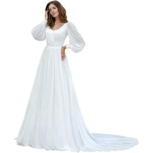 imageLong Sleeve Lace Wedding Dresses for Bride Satin Ball Gowns Simple V Neck Bridal Gowns for WomenOwhite