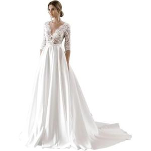 imageLong Sleeve Lace Wedding Dresses for Bride Satin Ball Gowns Simple V Neck Bridal Gowns for WomenPivory