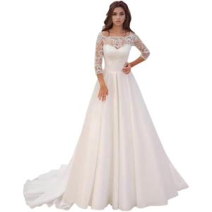 imageLong Sleeve Lace Wedding Dresses for Bride Satin Ball Gowns Simple V Neck Bridal Gowns for WomenQwhite