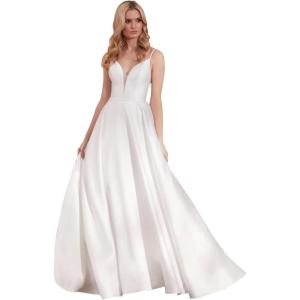 imageLong Sleeve Lace Wedding Dresses for Bride Satin Ball Gowns Simple V Neck Bridal Gowns for WomenTwhite
