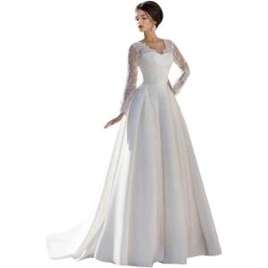 imageLong Sleeve Lace Wedding Dresses for Bride Satin Ball Gowns Simple V Neck Bridal Gowns for WomenWhite