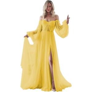 imageLong Sleeve Wedding Dress Plus Size Prom Dress 2024 Tulle Ball Gown Princess Formal Evening Gowns for WomenMustard Yellow