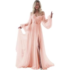 imageLong Sleeve Wedding Dress Plus Size Prom Dress 2024 Tulle Ball Gown Princess Formal Evening Gowns for WomenPeach