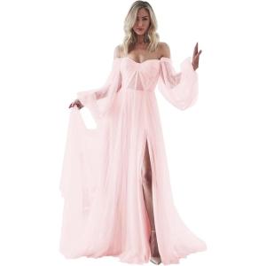 imageLong Sleeve Wedding Dress Plus Size Prom Dress 2024 Tulle Ball Gown Princess Formal Evening Gowns for WomenPink