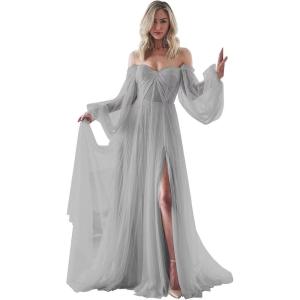 imageLong Sleeve Wedding Dress Plus Size Prom Dress 2024 Tulle Ball Gown Princess Formal Evening Gowns for WomenSilver