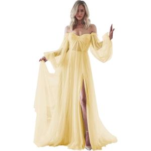 imageLong Sleeve Wedding Dress Plus Size Prom Dress 2024 Tulle Ball Gown Princess Formal Evening Gowns for WomenYellow