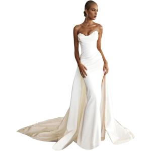 imageLong Sleeve Wedding Dresses for Bride Simple Satin Wedding Gown Lace Appliques Tulle Country Wedding Dress Bride GownIvoryh