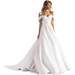 imageLong Sleeve Wedding Dresses for Bride Simple Satin Wedding Gown Lace Appliques Tulle Country Wedding Dress Bride GownIvoryi